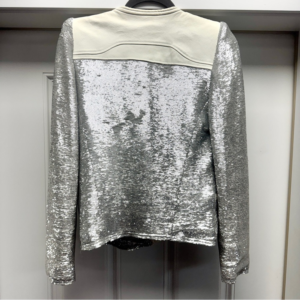 IRO Paris Silver Sequin "Hadley" Moto Blazer with White Leather - Picture 14 of 16